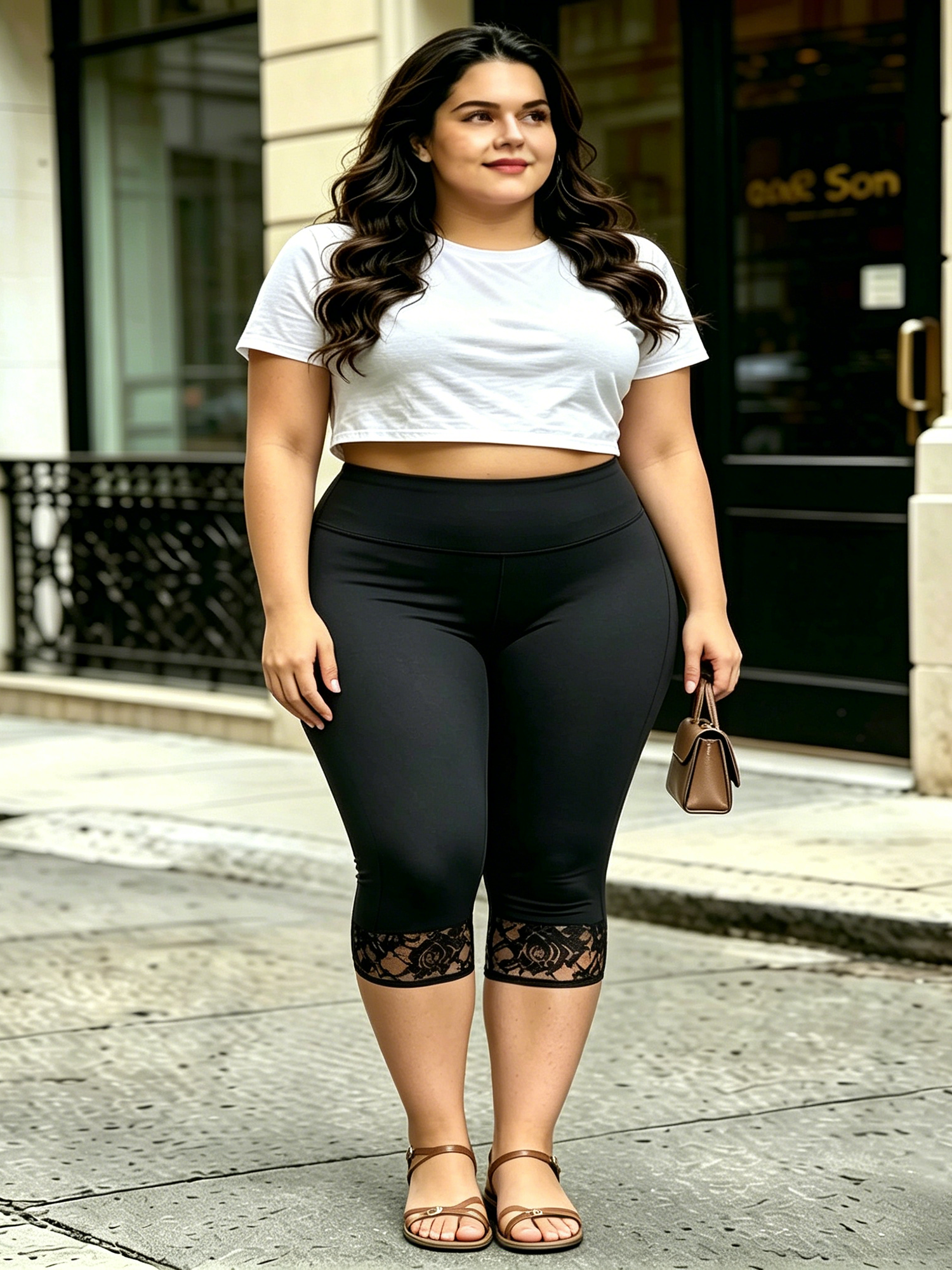 Elastic Lace Trim - Capri Leggings Cropped Casual Daily Lace