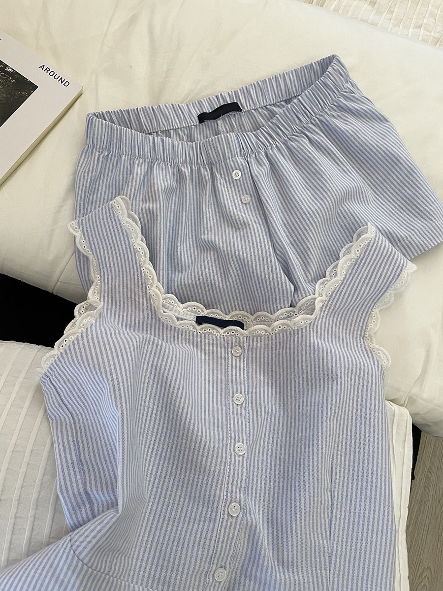 Blue Striped Shorts 2 Piece Se - Elastic Lace Trim 评论和价格