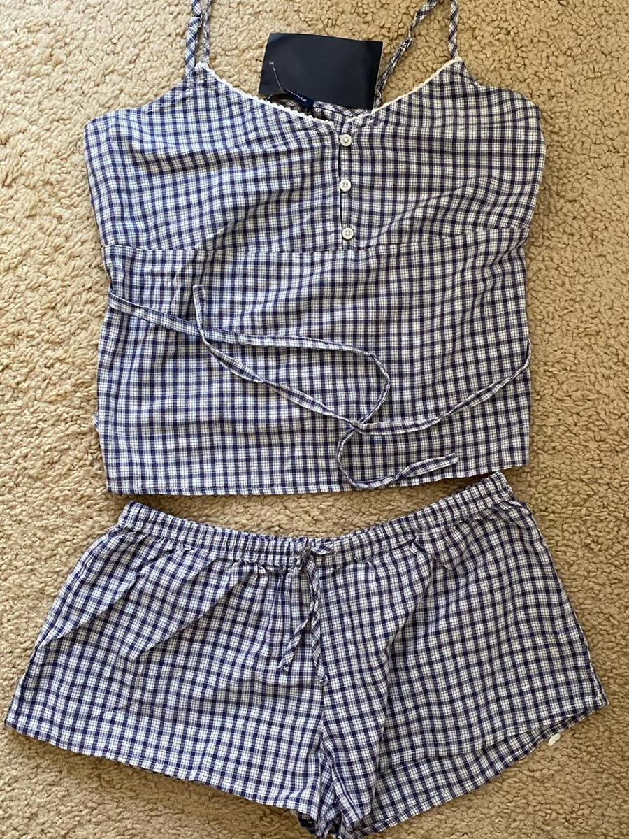 Navy Plaid Tank Shorts 2 Piece - Elastic Lace Trim 评论和价格