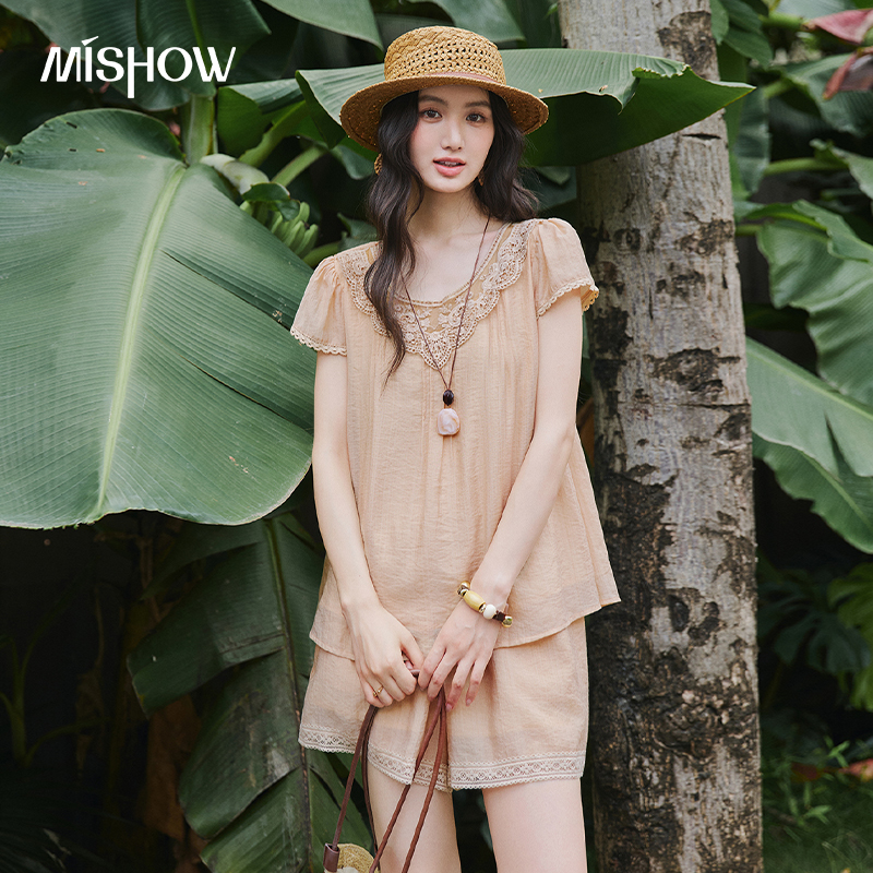 MISHOW Lace Round Neck Top Sho - Elastic Lace Trim 评论和价格