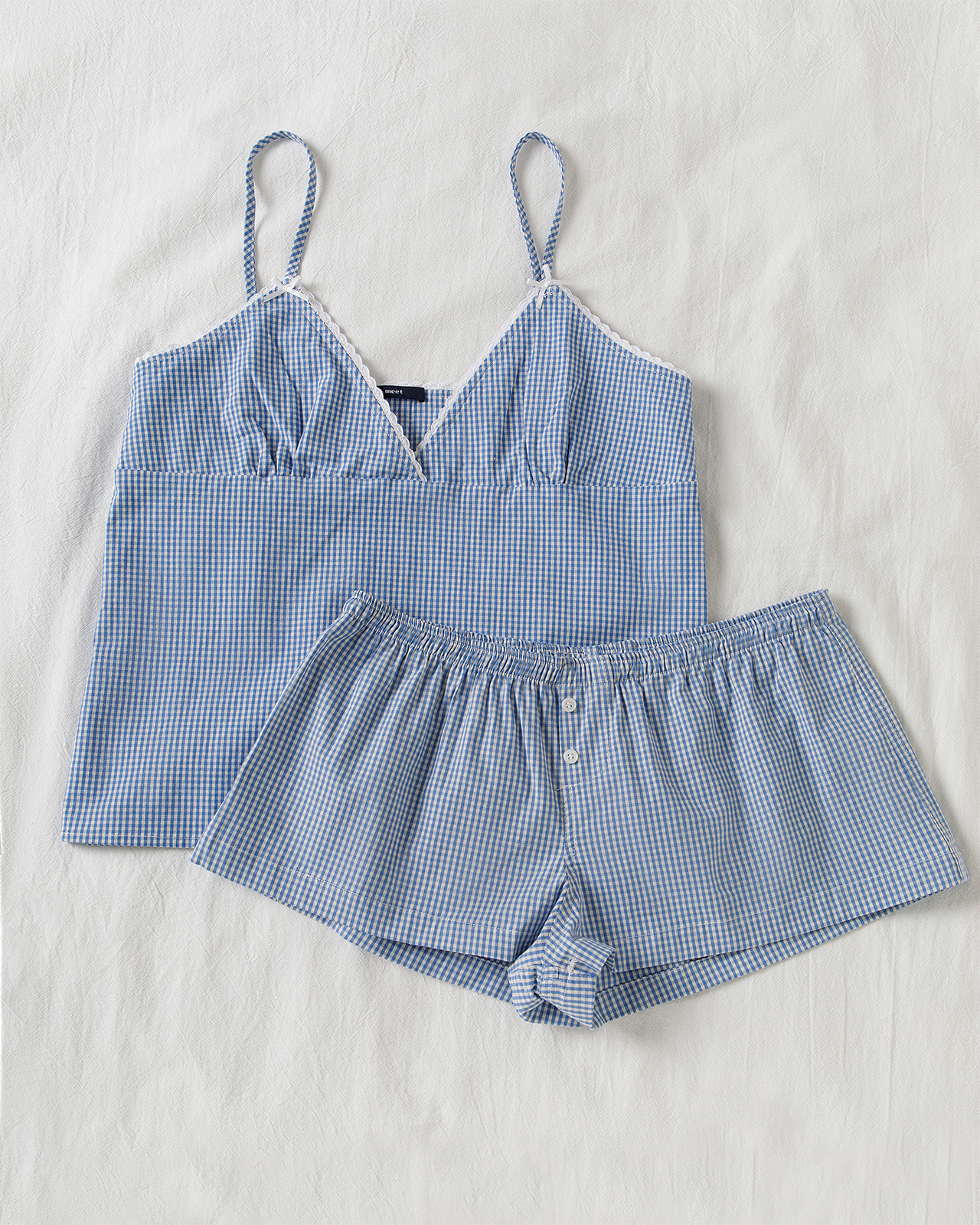 Blue Plaid Shorts 2 Piece Set  - Elastic Lace Trim 评论和价格