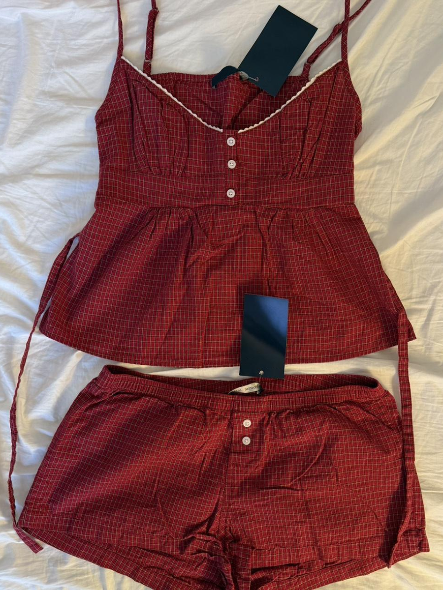 Red Plaid Buttons Tank Shorts  - Elastic Lace Trim 评论和价格