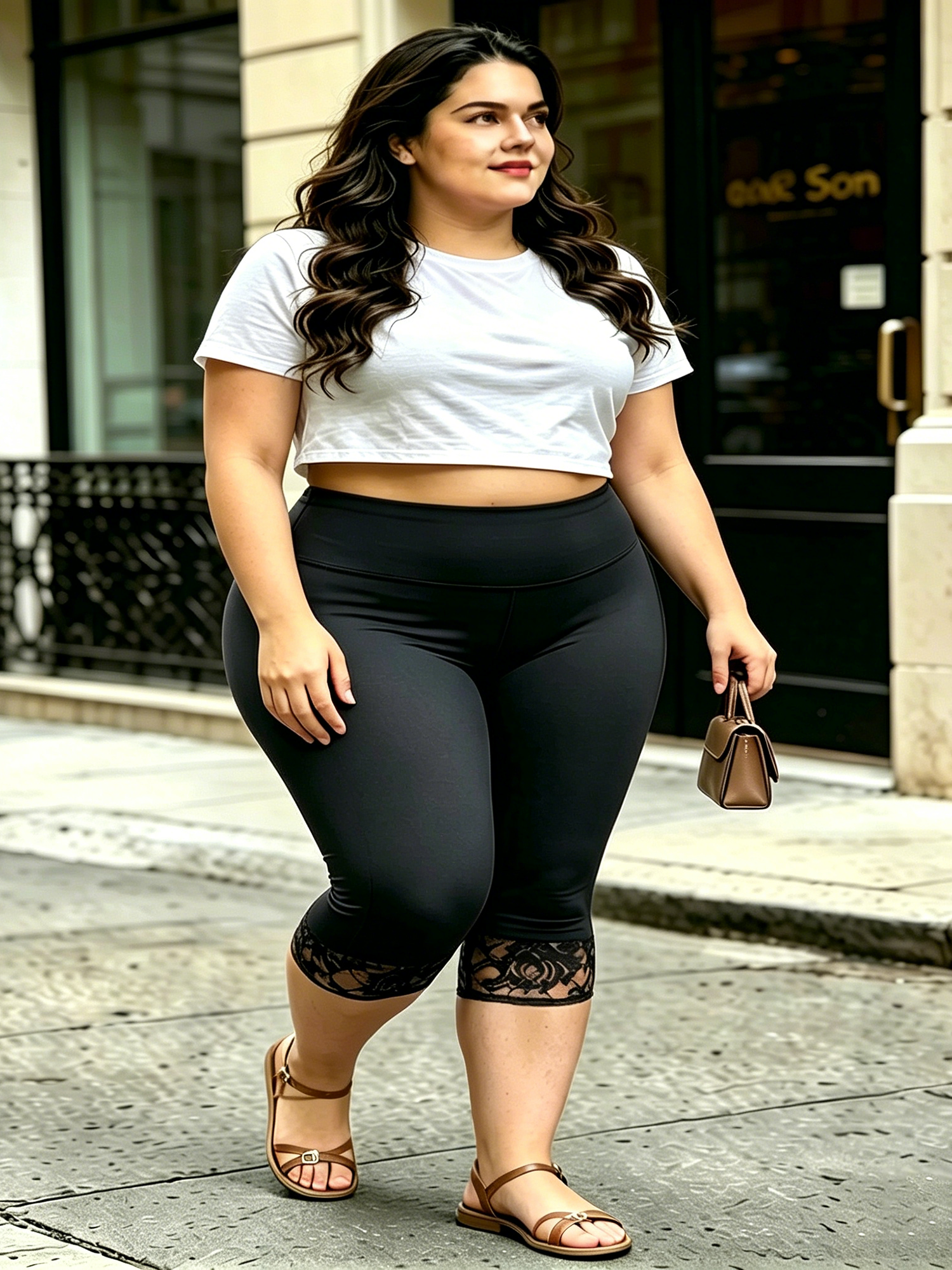 Capri Leggings Cropped Casual  - Elastic Lace Trim 评论和价格