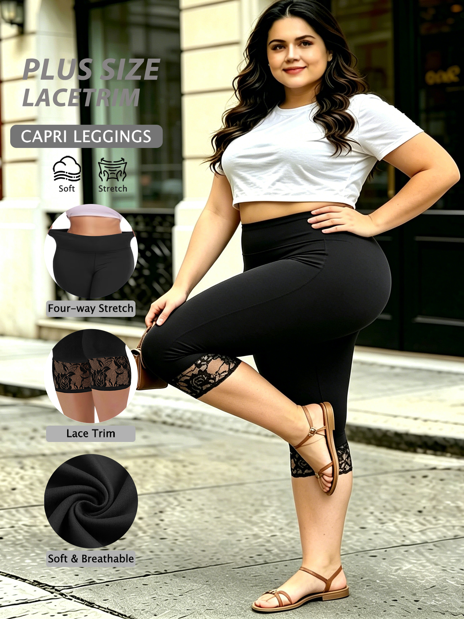 Capri Leggings Cropped Casual  - Elastic Lace Trim 评论和价格